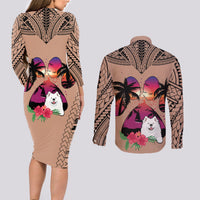 Polynesian Couples Matching Long Sleeve Bodycon Dress and Long Sleeve Button Shirts Dog Lover With Samoyed - Sunset At The Beach Brown Ver LT7 - Wonder Print Shop