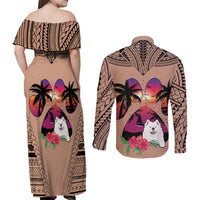 Polynesian Couples Matching Off Shoulder Maxi Dress and Long Sleeve Button Shirts Dog Lover With Samoyed - Sunset At The Beach Brown Ver LT7 - Wonder Print Shop