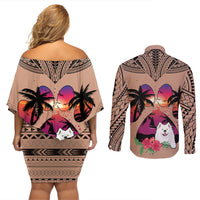 Polynesian Couples Matching Off Shoulder Short Dress and Long Sleeve Button Shirts Dog Lover With Samoyed - Sunset At The Beach Brown Ver LT7 - Wonder Print Shop