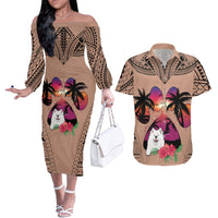 Polynesian Couples Matching Off The Shoulder Long Sleeve Dress and Hawaiian Shirt Dog Lover With Samoyed - Sunset At The Beach Brown Ver LT7 - Wonder Print Shop