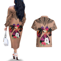 Polynesian Couples Matching Off The Shoulder Long Sleeve Dress and Hawaiian Shirt Dog Lover With Samoyed - Sunset At The Beach Brown Ver LT7 - Wonder Print Shop