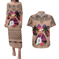 Polynesian Couples Matching Puletasi Dress and Hawaiian Shirt Dog Lover With Samoyed - Sunset At The Beach Brown Ver LT7 - Wonder Print Shop