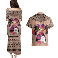 Polynesian Couples Matching Puletasi Dress and Hawaiian Shirt Dog Lover With Samoyed - Sunset At The Beach Brown Ver LT7 - Wonder Print Shop