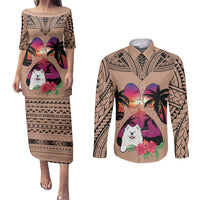 Polynesian Couples Matching Puletasi Dress and Long Sleeve Button Shirts Dog Lover With Samoyed - Sunset At The Beach Brown Ver LT7 - Wonder Print Shop