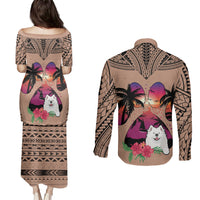 Polynesian Couples Matching Puletasi Dress and Long Sleeve Button Shirts Dog Lover With Samoyed - Sunset At The Beach Brown Ver LT7 - Wonder Print Shop