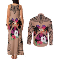 Polynesian Couples Matching Tank Maxi Dress and Long Sleeve Button Shirts Dog Lover With Samoyed - Sunset At The Beach Brown Ver LT7 - Wonder Print Shop