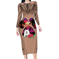 Polynesian Long Sleeve Bodycon Dress Dog Lover With Samoyed - Sunset At The Beach Brown Ver - Wonder Print Shop