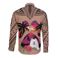 Polynesian Long Sleeve Button Shirt Dog Lover With Samoyed - Sunset At The Beach Brown Ver - Wonder Print Shop