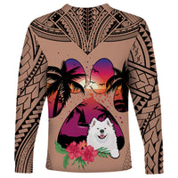 Polynesian Long Sleeve Shirt Dog Lover With Samoyed - Sunset At The Beach Brown Ver - Wonder Print Shop