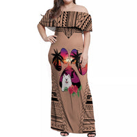 Polynesian Off Shoulder Maxi Dress Dog Lover With Samoyed - Sunset At The Beach Brown Ver - Wonder Print Shop
