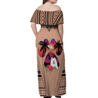 Polynesian Off Shoulder Maxi Dress Dog Lover With Samoyed - Sunset At The Beach Brown Ver - Wonder Print Shop