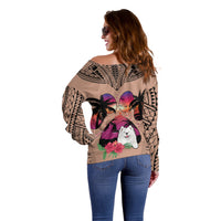 Polynesian Off Shoulder Sweater Dog Lover With Samoyed - Sunset At The Beach Brown Ver - Wonder Print Shop