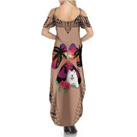 Polynesian Summer Maxi Dress Dog Lover With Samoyed - Sunset At The Beach Brown Ver - Wonder Print Shop