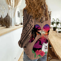 Polynesian Women Casual Shirt Dog Lover With Samoyed - Sunset At The Beach Brown Ver - Wonder Print Shop
