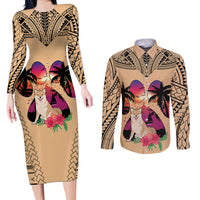 Polynesian Couples Matching Long Sleeve Bodycon Dress and Long Sleeve Button Shirts Dog Lover With Shiba Inu - Sunset At The Beach LT7 - Wonder Print Shop