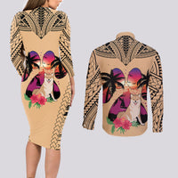 Polynesian Couples Matching Long Sleeve Bodycon Dress and Long Sleeve Button Shirts Dog Lover With Shiba Inu - Sunset At The Beach LT7 - Wonder Print Shop