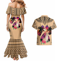 Polynesian Couples Matching Mermaid Dress and Hawaiian Shirt Dog Lover With Shiba Inu - Sunset At The Beach LT7 - Wonder Print Shop
