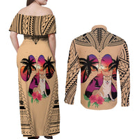 Polynesian Couples Matching Off Shoulder Maxi Dress and Long Sleeve Button Shirts Dog Lover With Shiba Inu - Sunset At The Beach LT7 - Wonder Print Shop