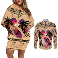 Polynesian Couples Matching Off Shoulder Short Dress and Long Sleeve Button Shirts Dog Lover With Shiba Inu - Sunset At The Beach LT7 - Wonder Print Shop