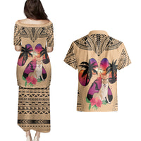Polynesian Couples Matching Puletasi Dress and Hawaiian Shirt Dog Lover With Shiba Inu - Sunset At The Beach LT7 - Wonder Print Shop