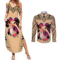 Polynesian Couples Matching Summer Maxi Dress and Long Sleeve Button Shirts Dog Lover With Shiba Inu - Sunset At The Beach LT7 - Wonder Print Shop