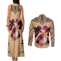 Polynesian Couples Matching Tank Maxi Dress and Long Sleeve Button Shirts Dog Lover With Shiba Inu - Sunset At The Beach LT7 - Wonder Print Shop