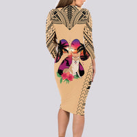 Polynesian Long Sleeve Bodycon Dress Dog Lover With Shiba Inu - Sunset At The Beach - Wonder Print Shop