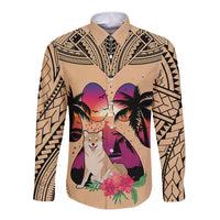 Polynesian Long Sleeve Button Shirt Dog Lover With Shiba Inu - Sunset At The Beach - Wonder Print Shop