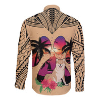 Polynesian Long Sleeve Button Shirt Dog Lover With Shiba Inu - Sunset At The Beach - Wonder Print Shop