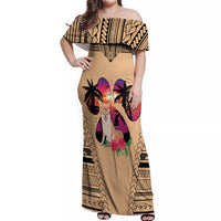 Polynesian Off Shoulder Maxi Dress Dog Lover With Shiba Inu - Sunset At The Beach - Wonder Print Shop