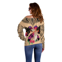 Polynesian Off Shoulder Sweater Dog Lover With Shiba Inu - Sunset At The Beach - Wonder Print Shop