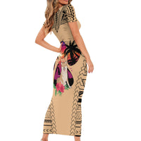 Polynesian Short Sleeve Bodycon Dress Dog Lover With Shiba Inu - Sunset At The Beach - Wonder Print Shop