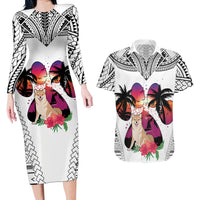 Polynesian Couples Matching Long Sleeve Bodycon Dress and Hawaiian Shirt Dog Lover With Shiba Inu - Sunset At The Beach White Ver LT7 - Wonder Print Shop