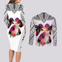 Polynesian Couples Matching Long Sleeve Bodycon Dress and Long Sleeve Button Shirts Dog Lover With Shiba Inu - Sunset At The Beach White Ver LT7 - Wonder Print Shop