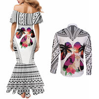 polynesian-couples-matching-mermaid-dress-and-long-sleeve-button-shirts-dog-lover-with-shiba-inu-sunset-at-the-beach-white-ver
