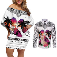 Polynesian Couples Matching Off Shoulder Short Dress and Long Sleeve Button Shirts Dog Lover With Shiba Inu - Sunset At The Beach White Ver LT7 - Wonder Print Shop