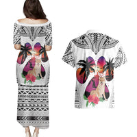 Polynesian Couples Matching Puletasi Dress and Hawaiian Shirt Dog Lover With Shiba Inu - Sunset At The Beach White Ver LT7 - Wonder Print Shop
