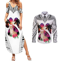 Polynesian Couples Matching Summer Maxi Dress and Long Sleeve Button Shirts Dog Lover With Shiba Inu - Sunset At The Beach White Ver LT7 - Wonder Print Shop