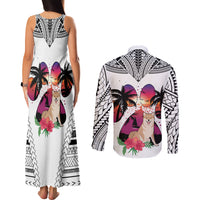 Polynesian Couples Matching Tank Maxi Dress and Long Sleeve Button Shirts Dog Lover With Shiba Inu - Sunset At The Beach White Ver LT7 - Wonder Print Shop