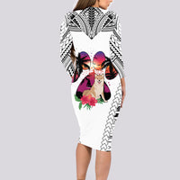 Polynesian Long Sleeve Bodycon Dress Dog Lover With Shiba Inu - Sunset At The Beach White Ver - Wonder Print Shop