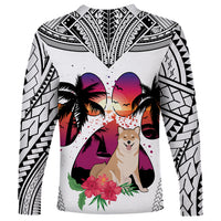 Polynesian Long Sleeve Shirt Dog Lover With Shiba Inu - Sunset At The Beach White Ver - Wonder Print Shop