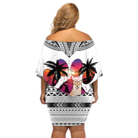 Polynesian Off Shoulder Short Dress Dog Lover With Shiba Inu - Sunset At The Beach White Ver - Wonder Print Shop