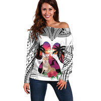 Polynesian Off Shoulder Sweater Dog Lover With Shiba Inu - Sunset At The Beach White Ver - Wonder Print Shop
