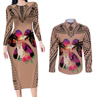 Polynesian Couples Matching Long Sleeve Bodycon Dress and Long Sleeve Button Shirts Dog Lover With Shiba Inu - Sunset At The Beach Brown Ver LT7 - Wonder Print Shop