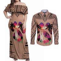 Polynesian Couples Matching Off Shoulder Maxi Dress and Long Sleeve Button Shirts Dog Lover With Shiba Inu - Sunset At The Beach Brown Ver LT7 - Wonder Print Shop
