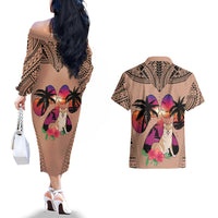 Polynesian Couples Matching Off The Shoulder Long Sleeve Dress and Hawaiian Shirt Dog Lover With Shiba Inu - Sunset At The Beach Brown Ver LT7 - Wonder Print Shop