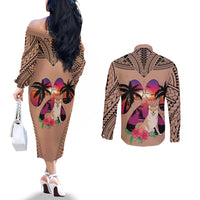 polynesian-couples-matching-off-the-shoulder-long-sleeve-dress-and-long-sleeve-button-shirts-dog-lover-with-shiba-inu-sunset-at-the-beach-brown-ver