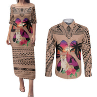 Polynesian Couples Matching Puletasi Dress and Long Sleeve Button Shirts Dog Lover With Shiba Inu - Sunset At The Beach Brown Ver LT7 - Wonder Print Shop