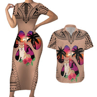 Polynesian Couples Matching Short Sleeve Bodycon Dress and Hawaiian Shirt Dog Lover With Shiba Inu - Sunset At The Beach Brown Ver LT7 - Wonder Print Shop