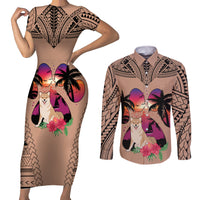 Polynesian Couples Matching Short Sleeve Bodycon Dress and Long Sleeve Button Shirts Dog Lover With Shiba Inu - Sunset At The Beach Brown Ver LT7 - Wonder Print Shop